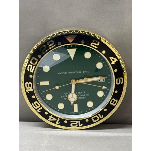 376 - A Rolex-style dealer display metal wall clock with sweeping motion  Dia34cm