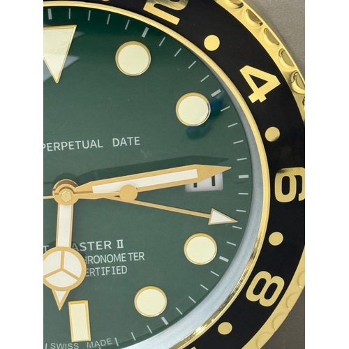 376 - A Rolex-style dealer display metal wall clock with sweeping motion  Dia34cm