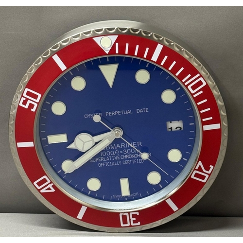 377 - A Rolex-style dealer display metal wall clock with sweeping motion t Dia34cm