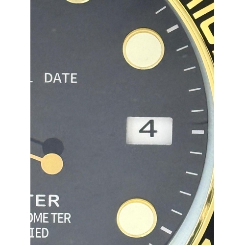 378 - A Rolex-style dealer display metal wall clock with sweeping motion  Dia34cm