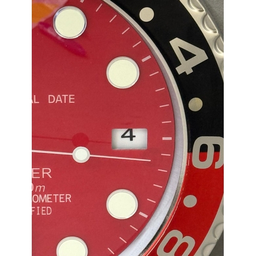 379 - A Rolex-style dealer display metal wall clock with sweeping motion  Dia34cm