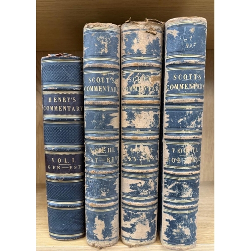 391 - Three volumes of Scotts Commentary 1-3 and Henry's Commentary Volume 1 leather bound commentaries on... 