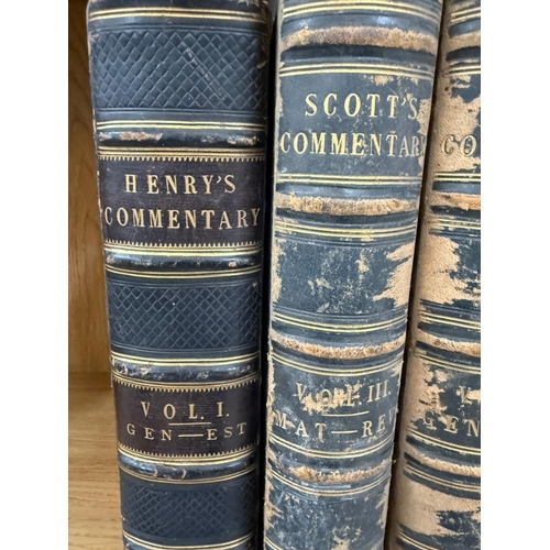 391 - Three volumes of Scotts Commentary 1-3 and Henry's Commentary Volume 1 leather bound commentaries on... 