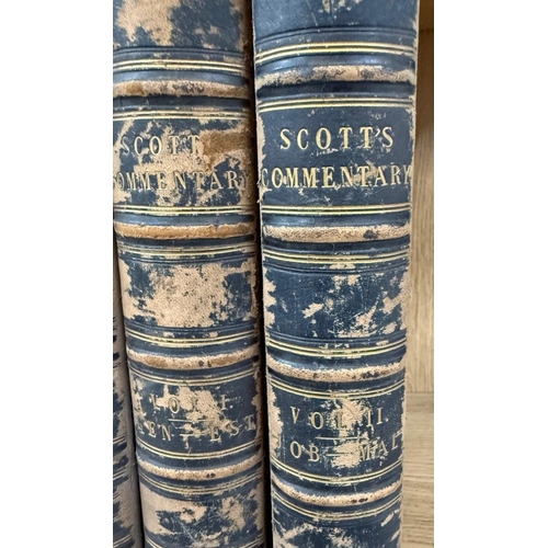 391 - Three volumes of Scotts Commentary 1-3 and Henry's Commentary Volume 1 leather bound commentaries on... 