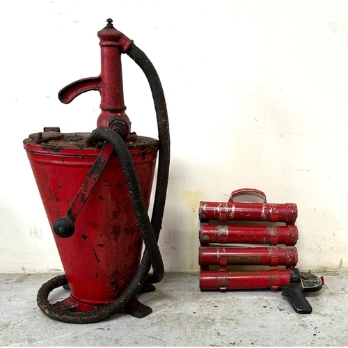 397 - An ESSO lubrication pump with a vintage antifire pistol fire extinguisher