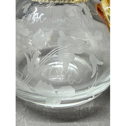 150 - A yellow amber and clear glass pitcher and four matching glasses with an etched vine leaf motif