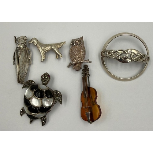 100 - Six silver stamped brooches (violin dog turtle owl and beautiful keltic design) plus a bug/fly brooc... 