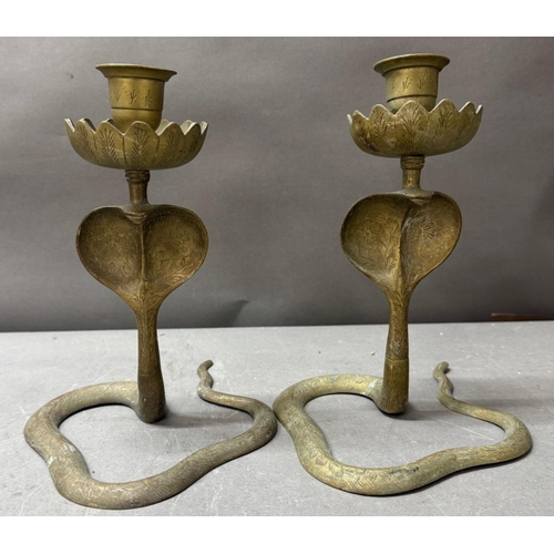 112 - Pair of antique brass cobra serpent candlesticks