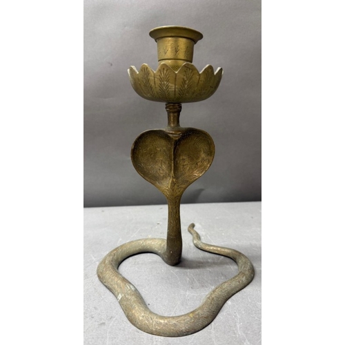 112 - Pair of antique brass cobra serpent candlesticks
