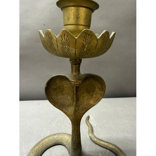 112 - Pair of antique brass cobra serpent candlesticks