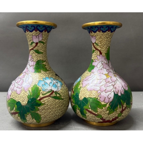 115 - Pair of identical Cloisonne vases with cream background, floral design and bird motifs