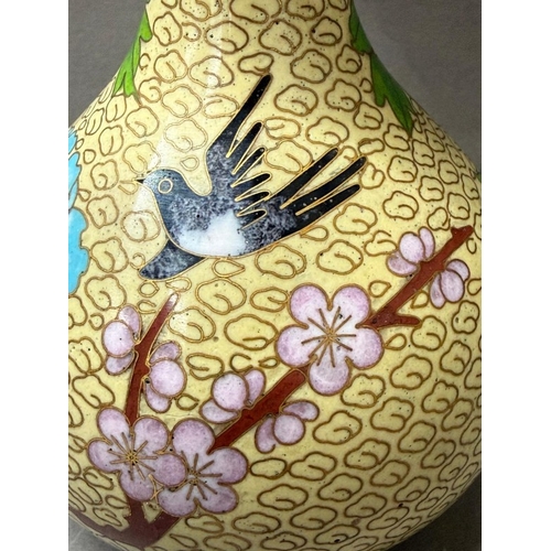 115 - Pair of identical Cloisonne vases with cream background, floral design and bird motifs
