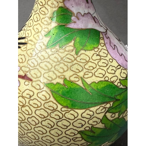 115 - Pair of identical Cloisonne vases with cream background, floral design and bird motifs