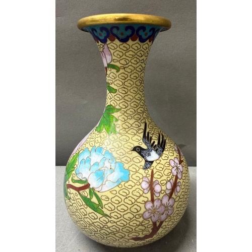 115 - Pair of identical Cloisonne vases with cream background, floral design and bird motifs