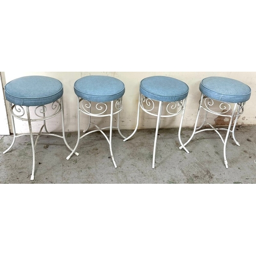 128 - Four vintage Regency style white metal vanity stools with light blue cushions