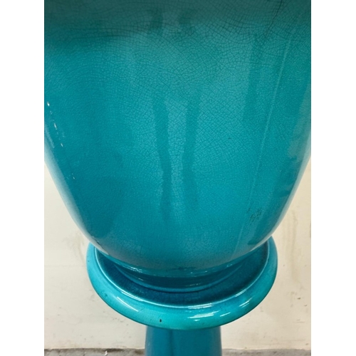 156 - A Burmantofts faience turquoise glazed jardinière on stand H100cm Dia 39cm