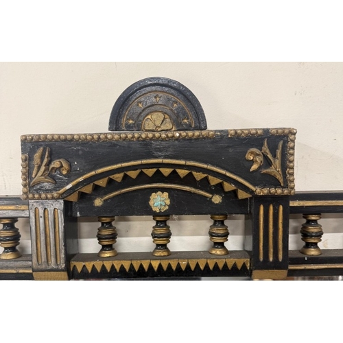 165 - An aesthetic movement black lacquer over a mantel mirror with gilt detail 108cm x 162cm