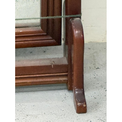 166 - A mahogany cheval mirror with arched pediment H183cm W79cm