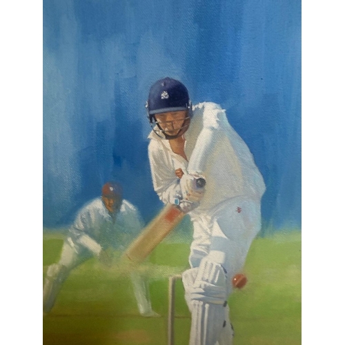180 - An oil on canvas of a cricketing scene titled Mike Atherton Vs Courtney Walsh signed Craig Campbell ... 
