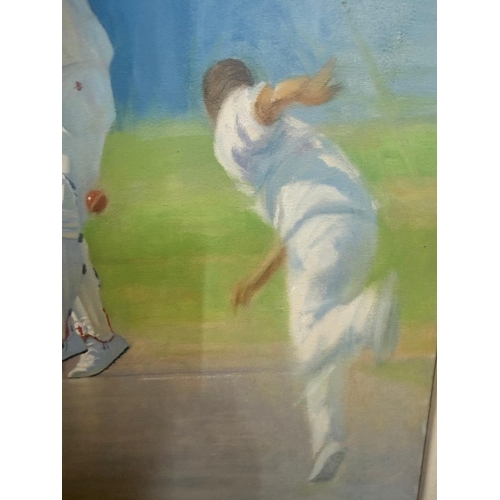 180 - An oil on canvas of a cricketing scene titled Mike Atherton Vs Courtney Walsh signed Craig Campbell ... 