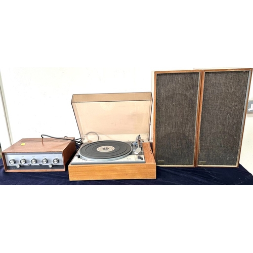 447 - A vintage Hi Fi unit featuring a Goldring Lenco GL75 turntable, two speakers and a stereo