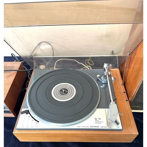 447 - A vintage Hi Fi unit featuring a Goldring Lenco GL75 turntable, two speakers and a stereo