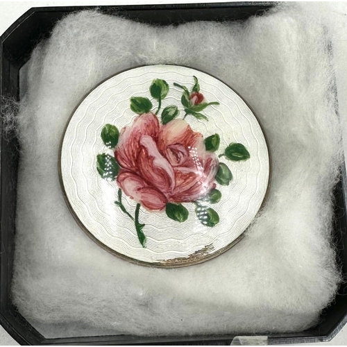 65 - Norwegian Sterling Silver and Guilloche enamel brooch by Finn Jensen with hand painted rose motif