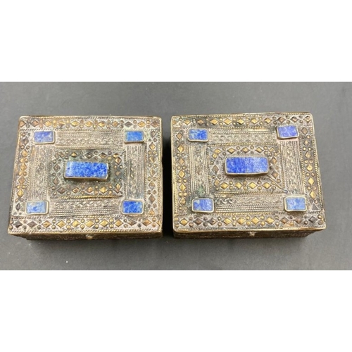 67 - A pair of white metal boxes with Lapis Lazuli decoration.