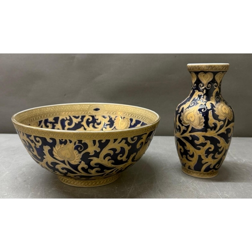 70 - A Chinese blue and gold tapestry bowl, together with a matching vase
