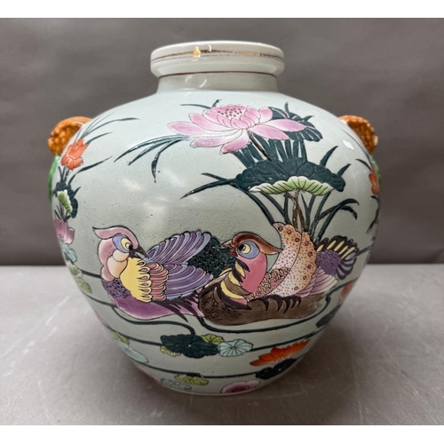 72 - A large Chinese ginger jar, celadon grounds and decorated with Mandan ducks H31cm