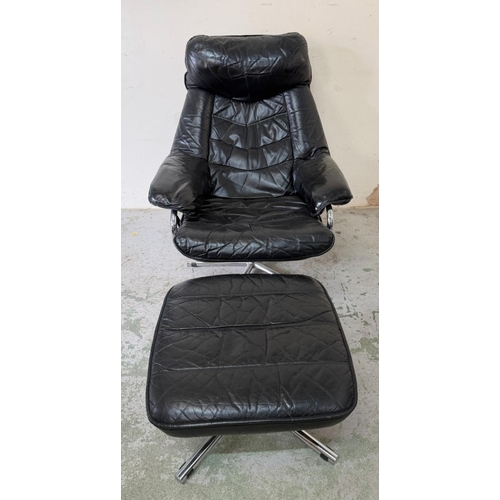 79 - Black leather lounge chair with matching footstool and chrome swivel base by Skoghaug Industries