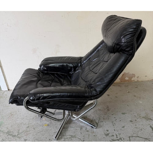 79 - Black leather lounge chair with matching footstool and chrome swivel base by Skoghaug Industries