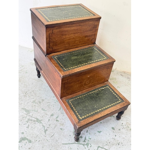 80 - Regency style mahogany library steps with green leather inserts H64cm W80cm D45cm