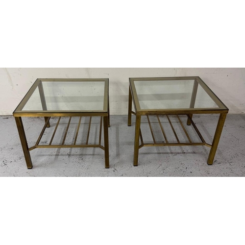 85 - A pair of modern Regency brass and smoked glass side tables H41cm W52cm D52cm