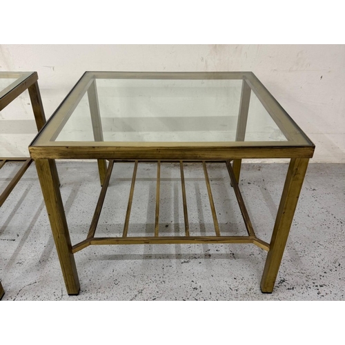 85 - A pair of modern Regency brass and smoked glass side tables H41cm W52cm D52cm