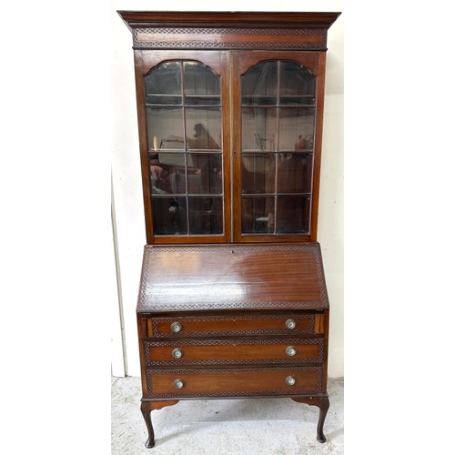 93 - A glazed mahogany bureau bookcase above a sloped writing desk with graduated drawers H206cm W90cm D4... 