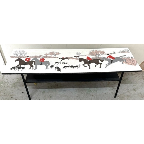 95 - A coffee table featuring a Formica top with a traditional hunting scene with a shelf under H37cm W10... 