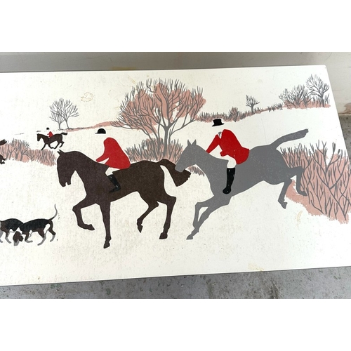95 - A coffee table featuring a Formica top with a traditional hunting scene with a shelf under H37cm W10... 