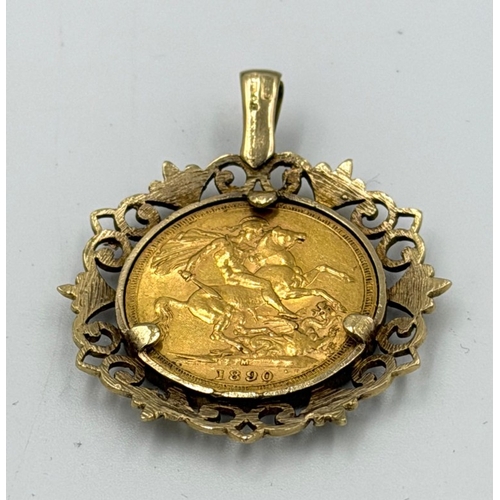 578 - A Victorian 1890 sovereign in decorative 9ct gold mount, approximate weight 12.7g
