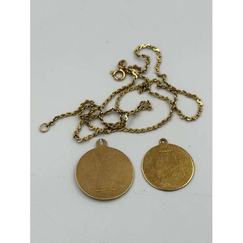 579 - A 14ct yellow gold necklace (Approximate weight 6.2g) with two 9ct gold pendants (Approximate weight... 