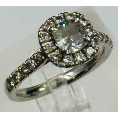 593 - A  square cushion Diamond halo ring, platinum set, marked 950, approximate size Q, Clarity FVSI, app... 