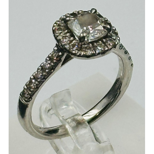 593 - A  square cushion Diamond halo ring, platinum set, marked 950, approximate size Q, Clarity FVSI, app... 