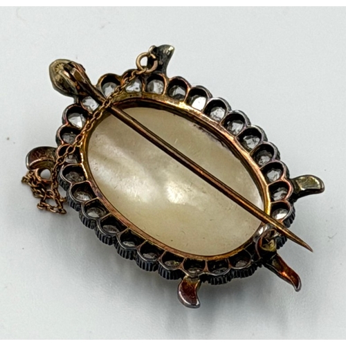 606 - An antique tortoise brooch with marbe pearl body set in 18ct gold, the body is surrounded by rose cu... 