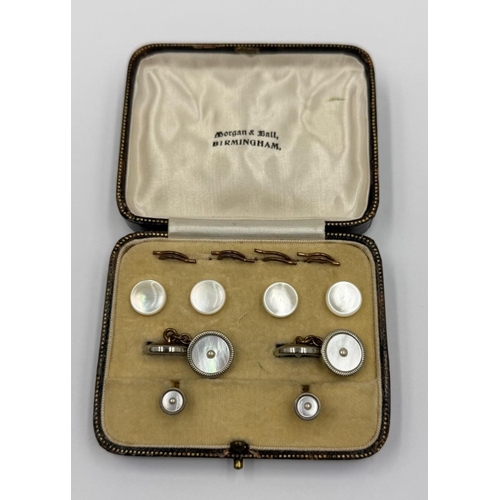 612 - A vintage 1930's Art Deco style Gents dress set, mother of pearl and seed pearl cuff links, shirt st... 