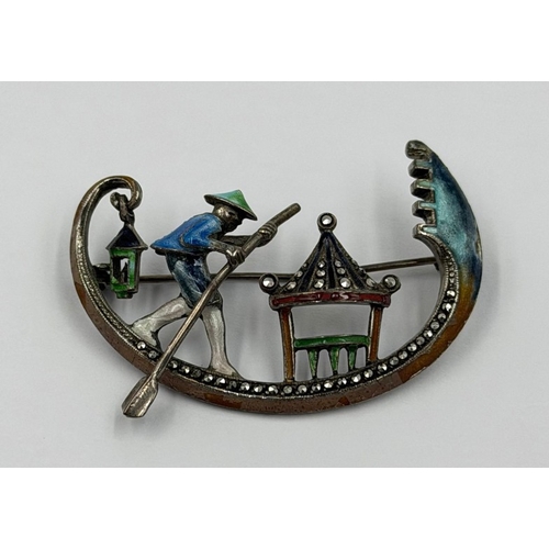 616 - Silver and enamel brooch depicting a Chinese Sampan boat
