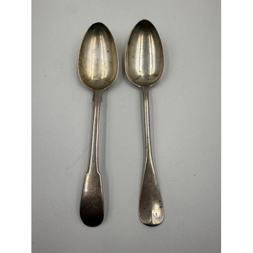 Two silver serving spoons various hallmarks. Approximate total weight 143g