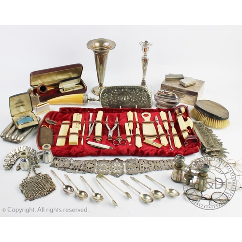 101 - A selection of silver and plated items to include; a HMS weighted candlestick, HMS bud vase, two whi... 