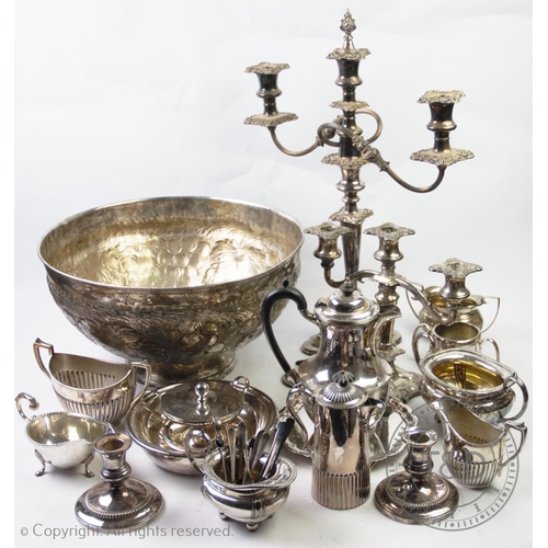 104 - A selection of silver and silver plate, to include; three sets of silver flatware comprising; a coff... 