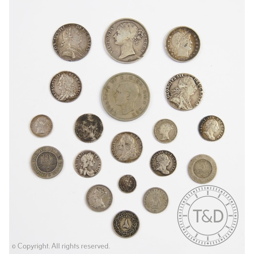 109 - A selection of 18th century and later British and continental silver and white metal coins to includ... 