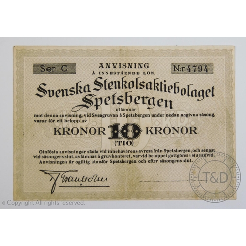 110 - A Swedish Spitzbergen 10 kronor (T10), Nr.4794, issued by Svenska Stenkolsaktiebolaget Spitzbergen, ... 